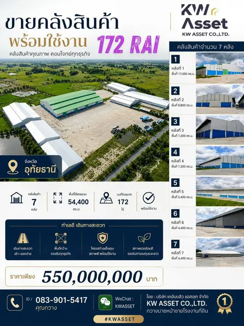 ขายคลังสินค้าจำนวน 7 หลัง พื้นที่ใช้สอยรวม 54,400 ตารางเมตร บนที่ดินขนาด 172 ไร่ พร้อมใช้งาน 📍จังหวัดอุทัยธานี
